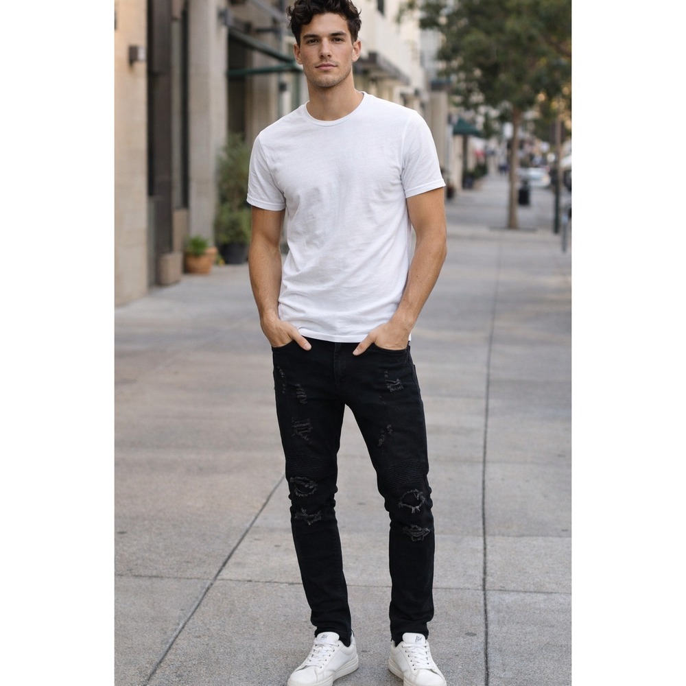 UH DENIM Mens Black Skinny Distressed Moto Jeans Ribbed Knee Ripped Denim Pants